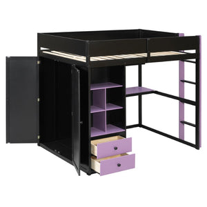 English Elm Twin Loft Bed with Built-In Desk Wardrobe Storage and RGB LED Smart Lighting Full Black+Purple LT000440AAI