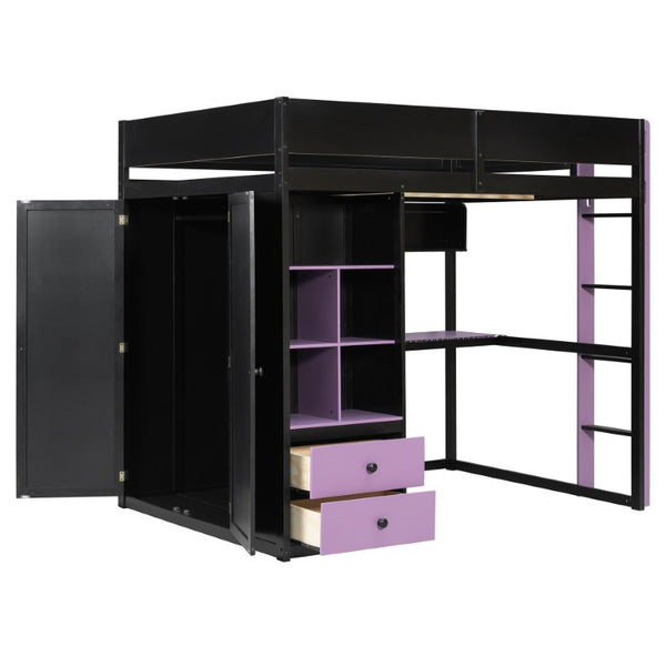 English Elm Twin Loft Bed with Built-In Desk Wardrobe Storage and RGB LED Smart Lighting Full Black+Purple LT000440AAI