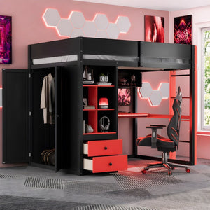 English Elm Twin Loft Bed with Built-In Desk Wardrobe Storage and RGB LED Smart Lighting Full Black+Red LT000440AAJ