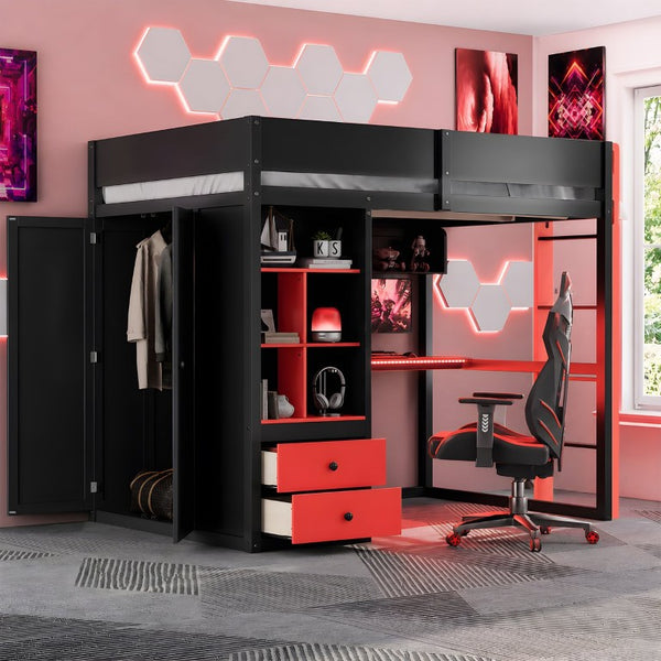 English Elm Twin Loft Bed with Built-In Desk Wardrobe Storage and RGB LED Smart Lighting Full Black+Red LT000440AAJ