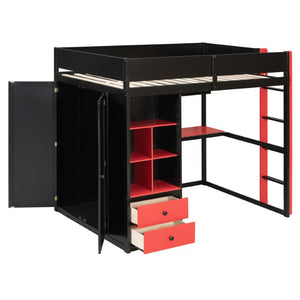 English Elm Twin Loft Bed with Built-In Desk Wardrobe Storage and RGB LED Smart Lighting Full Black+Red LT000440AAJ