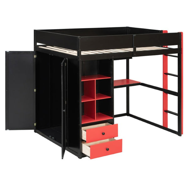 English Elm Twin Loft Bed with Built-In Desk Wardrobe Storage and RGB LED Smart Lighting Full Black+Red LT000440AAJ