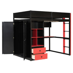 English Elm Twin Loft Bed with Built-In Desk Wardrobe Storage and RGB LED Smart Lighting Full Black+Red LT000440AAJ