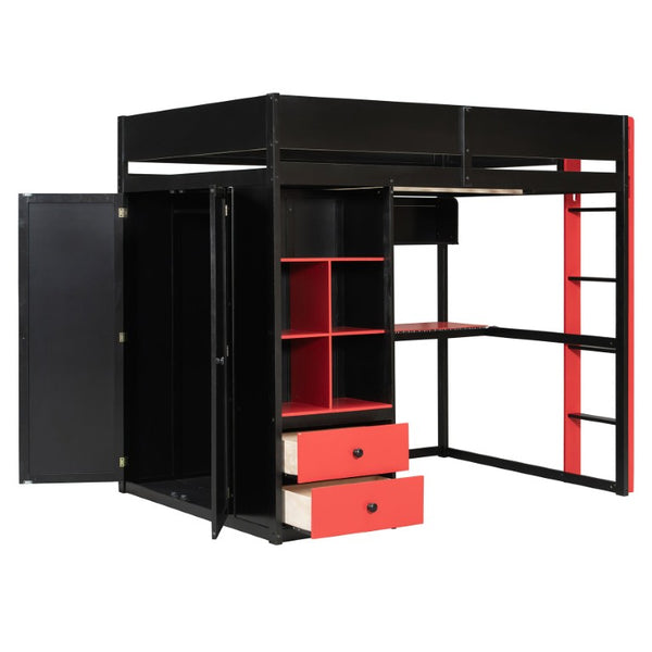 English Elm Twin Loft Bed with Built-In Desk Wardrobe Storage and RGB LED Smart Lighting Full Black+Red LT000440AAJ