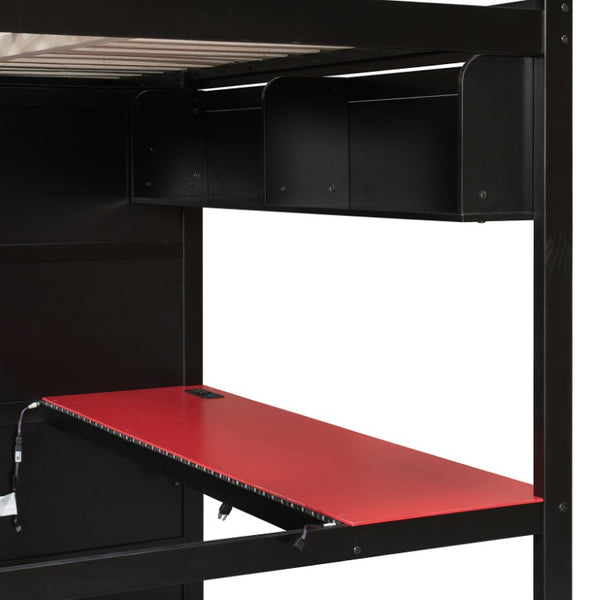 English Elm Twin Loft Bed with Built-In Desk Wardrobe Storage and RGB LED Smart Lighting Full Black+Red LT000440AAJ