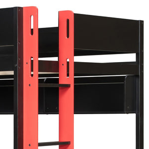 English Elm Twin Loft Bed with Built-In Desk Wardrobe Storage and RGB LED Smart Lighting Full Black+Red LT000440AAJ