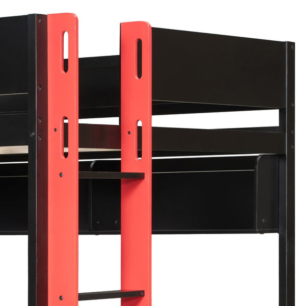 English Elm Twin Loft Bed with Built-In Desk Wardrobe Storage and RGB LED Smart Lighting Full Black+Red LT000440AAJ