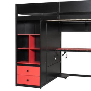 English Elm Twin Loft Bed with Built-In Desk Wardrobe Storage and RGB LED Smart Lighting Full Black+Red LT000440AAJ