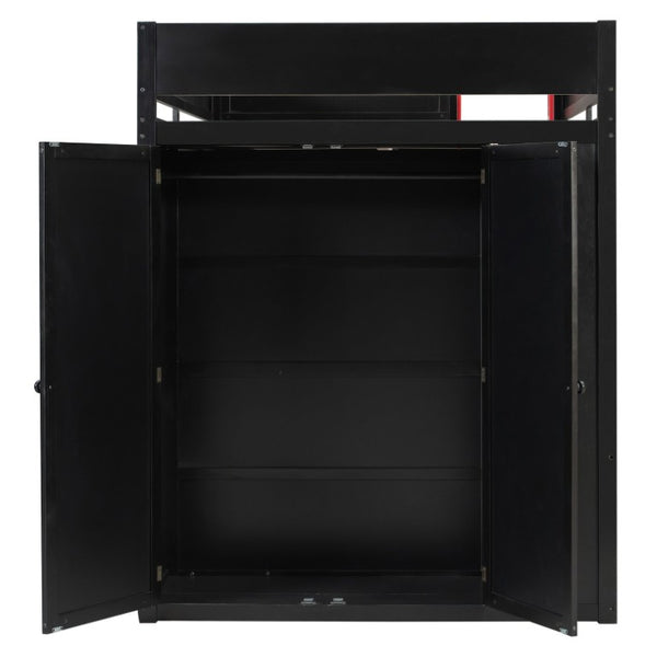 English Elm Twin Loft Bed with Built-In Desk Wardrobe Storage and RGB LED Smart Lighting Full Black+Red LT000440AAJ