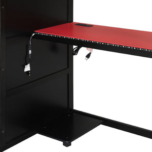 English Elm Twin Loft Bed with Built-In Desk Wardrobe Storage and RGB LED Smart Lighting Full Black+Red LT000440AAJ