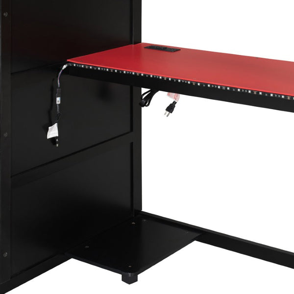 English Elm Twin Loft Bed with Built-In Desk Wardrobe Storage and RGB LED Smart Lighting Full Black+Red LT000440AAJ
