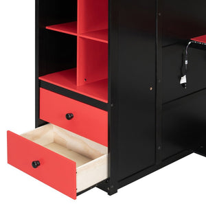 English Elm Twin Loft Bed with Built-In Desk Wardrobe Storage and RGB LED Smart Lighting Full Black+Red LT000440AAJ