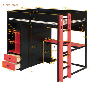 English Elm Twin Loft Bed with Built-In Desk Wardrobe Storage and RGB LED Smart Lighting Full Black+Red LT000440AAJ