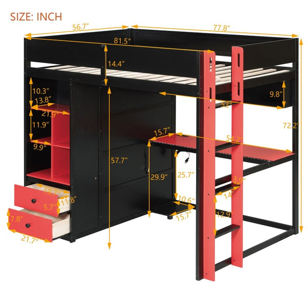 English Elm Twin Loft Bed with Built-In Desk Wardrobe Storage and RGB LED Smart Lighting Full Black+Red LT000440AAJ