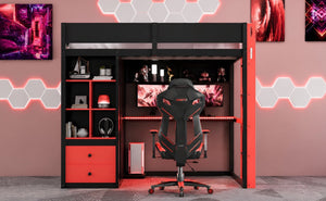 English Elm Twin Loft Bed with Built-In Desk Wardrobe Storage and RGB LED Smart Lighting Full Black+Red LT000440AAJ
