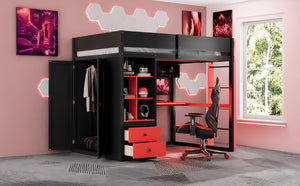 English Elm Twin Loft Bed with Built-In Desk Wardrobe Storage and RGB LED Smart Lighting Full Black+Red LT000440AAJ