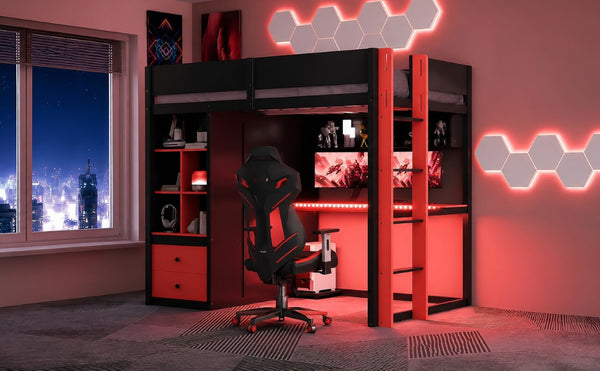 English Elm Twin Loft Bed with Built-In Desk Wardrobe Storage and RGB LED Smart Lighting Full Black+Red LT000440AAJ