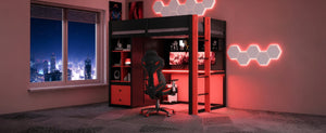 English Elm Twin Loft Bed with Built-In Desk Wardrobe Storage and RGB LED Smart Lighting Full Black+Red LT000440AAJ