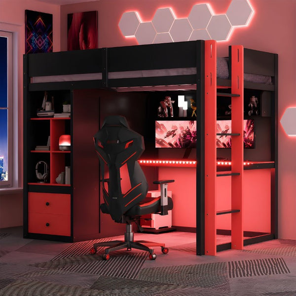 English Elm Twin Loft Bed with Built-In Desk Wardrobe Storage and RGB LED Smart Lighting Full Black+Red LT000440AAJ