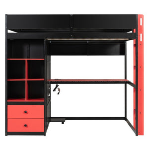 English Elm Twin Loft Bed with Built-In Desk Wardrobe Storage and RGB LED Smart Lighting Full Black+Red LT000440AAJ