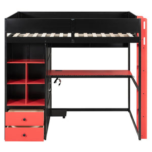 English Elm Twin Loft Bed with Built-In Desk Wardrobe Storage and RGB LED Smart Lighting Full Black+Red LT000440AAJ