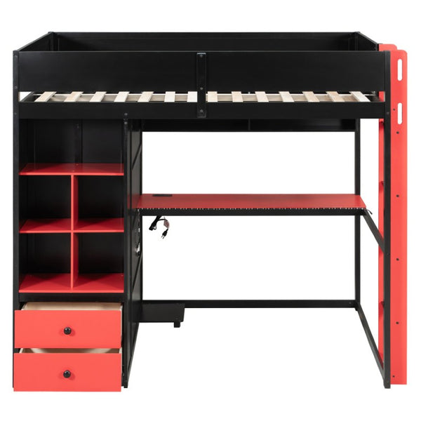 English Elm Twin Loft Bed with Built-In Desk Wardrobe Storage and RGB LED Smart Lighting Full Black+Red LT000440AAJ