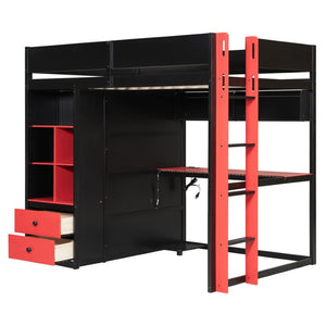 English Elm Twin Loft Bed with Built-In Desk Wardrobe Storage and RGB LED Smart Lighting Full Black+Red LT000440AAJ