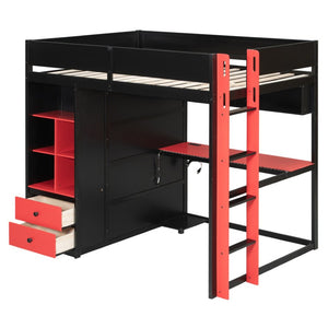 English Elm Twin Loft Bed with Built-In Desk Wardrobe Storage and RGB LED Smart Lighting Full Black+Red LT000440AAJ