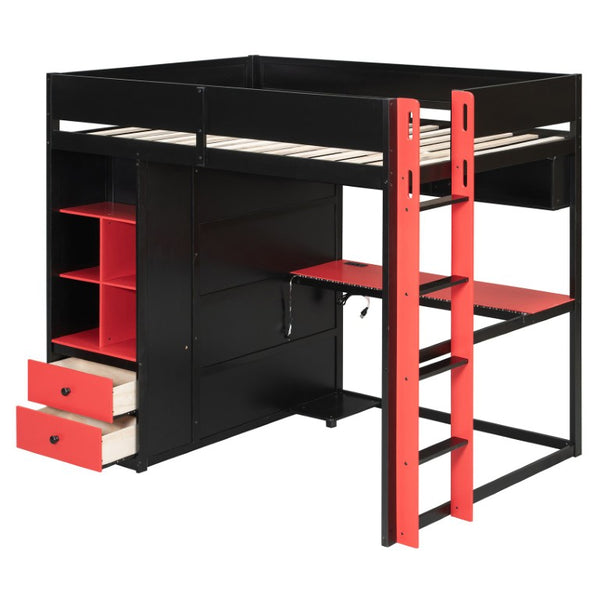 English Elm Twin Loft Bed with Built-In Desk Wardrobe Storage and RGB LED Smart Lighting Full Black+Red LT000440AAJ