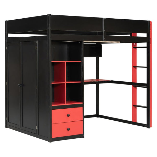English Elm Twin Loft Bed with Built-In Desk Wardrobe Storage and RGB LED Smart Lighting Full Black+Red LT000440AAJ