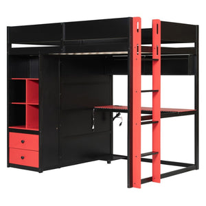 English Elm Twin Loft Bed with Built-In Desk Wardrobe Storage and RGB LED Smart Lighting Full Black+Red LT000440AAJ