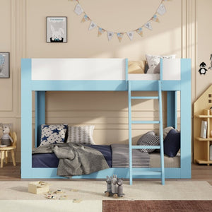 English Elm Twin Low Bunk Bed Solid Wood Frame with Guardrails Reversible Ladder Modern Kids Room Blue LT000445AAC