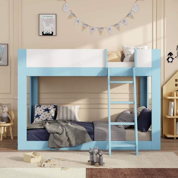 English Elm Twin Low Bunk Bed Solid Wood Frame with Guardrails Reversible Ladder Modern Kids Room Blue LT000445AAC