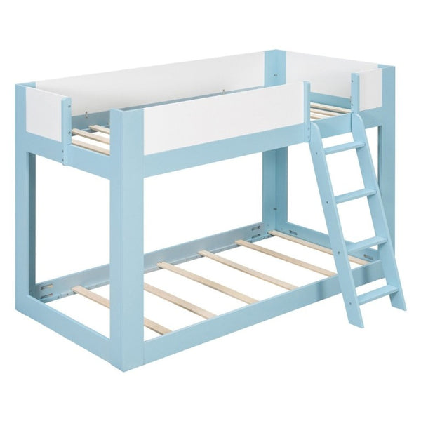 English Elm Twin Low Bunk Bed Solid Wood Frame with Guardrails Reversible Ladder Modern Kids Room Blue LT000445AAC