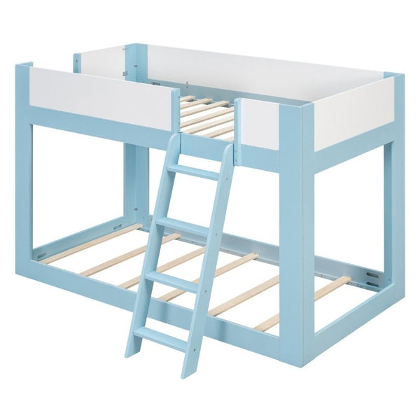 English Elm Twin Low Bunk Bed Solid Wood Frame with Guardrails Reversible Ladder Modern Kids Room Blue LT000445AAC