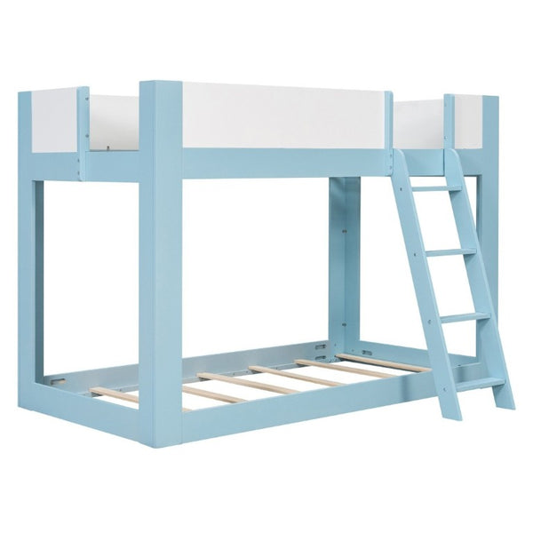 English Elm Twin Low Bunk Bed Solid Wood Frame with Guardrails Reversible Ladder Modern Kids Room Blue LT000445AAC