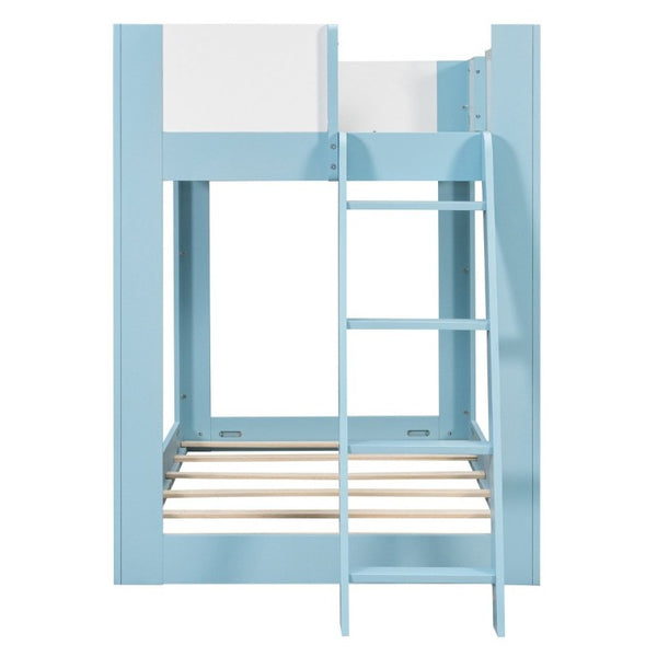 English Elm Twin Low Bunk Bed Solid Wood Frame with Guardrails Reversible Ladder Modern Kids Room Blue LT000445AAC