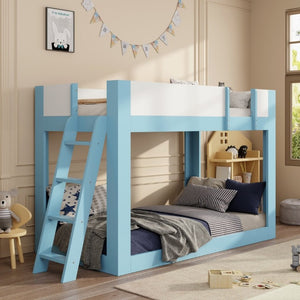 English Elm Twin Low Bunk Bed Solid Wood Frame with Guardrails Reversible Ladder Modern Kids Room Blue LT000445AAC