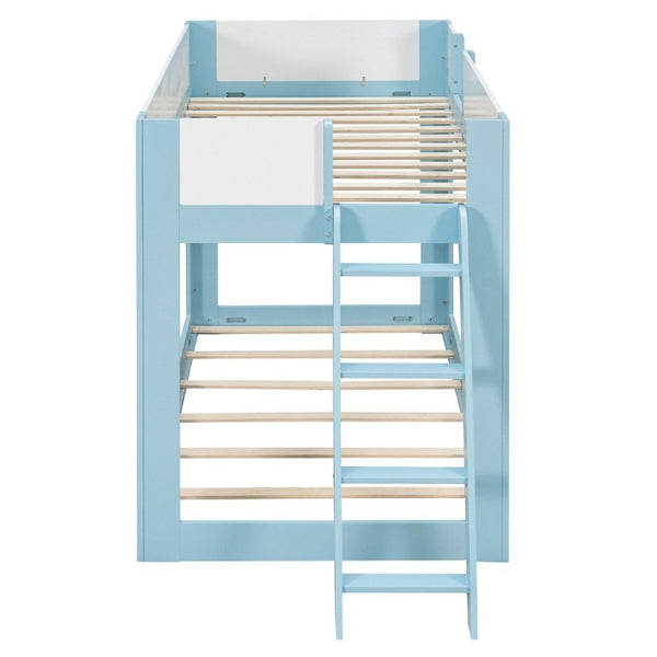 English Elm Twin Low Bunk Bed Solid Wood Frame with Guardrails Reversible Ladder Modern Kids Room Blue LT000445AAC
