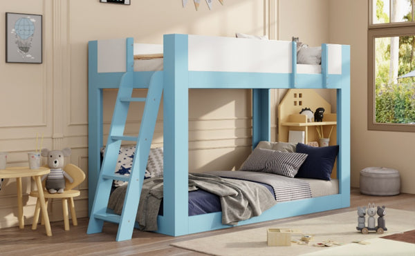 English Elm Twin Low Bunk Bed Solid Wood Frame with Guardrails Reversible Ladder Modern Kids Room Blue LT000445AAC
