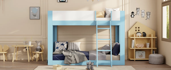 English Elm Twin Low Bunk Bed Solid Wood Frame with Guardrails Reversible Ladder Modern Kids Room Blue LT000445AAC