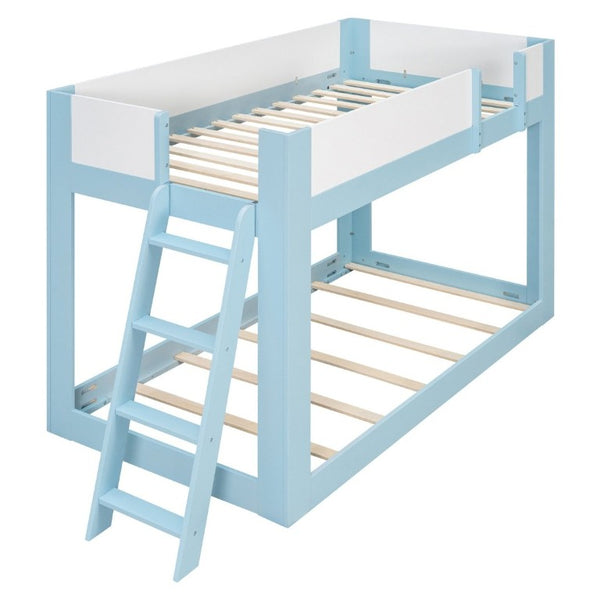 English Elm Twin Low Bunk Bed Solid Wood Frame with Guardrails Reversible Ladder Modern Kids Room Blue LT000445AAC
