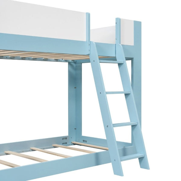 English Elm Twin Low Bunk Bed Solid Wood Frame with Guardrails Reversible Ladder Modern Kids Room Blue LT000445AAC