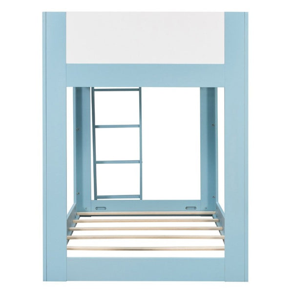 English Elm Twin Low Bunk Bed Solid Wood Frame with Guardrails Reversible Ladder Modern Kids Room Blue LT000445AAC