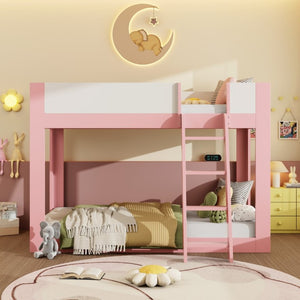 English Elm Twin Low Bunk Bed Solid Wood Frame with Guardrails Reversible Ladder Modern Kids Room Pink LT000445AAH