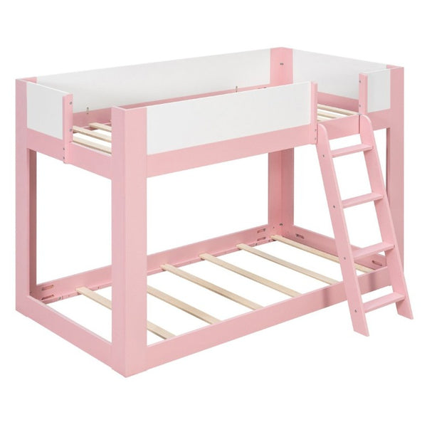 English Elm Twin Low Bunk Bed Solid Wood Frame with Guardrails Reversible Ladder Modern Kids Room Pink LT000445AAH