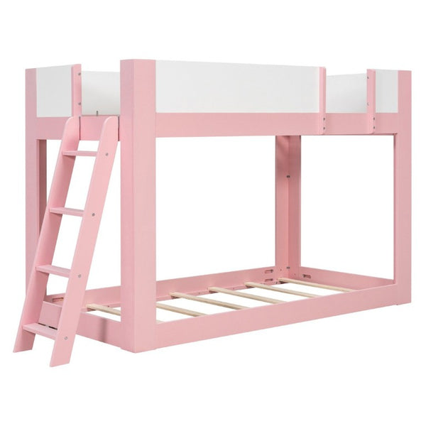 English Elm Twin Low Bunk Bed Solid Wood Frame with Guardrails Reversible Ladder Modern Kids Room Pink LT000445AAH