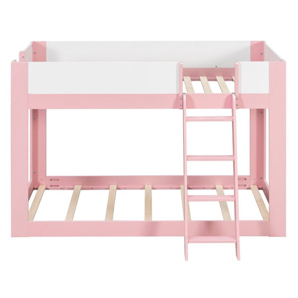 English Elm Twin Low Bunk Bed Solid Wood Frame with Guardrails Reversible Ladder Modern Kids Room Pink LT000445AAH