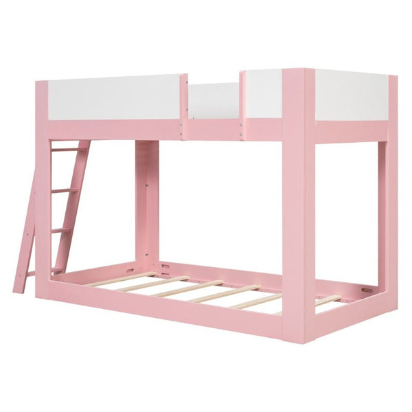 English Elm Twin Low Bunk Bed Solid Wood Frame with Guardrails Reversible Ladder Modern Kids Room Pink LT000445AAH