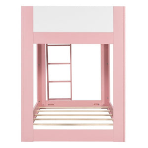 English Elm Twin Low Bunk Bed Solid Wood Frame with Guardrails Reversible Ladder Modern Kids Room Pink LT000445AAH